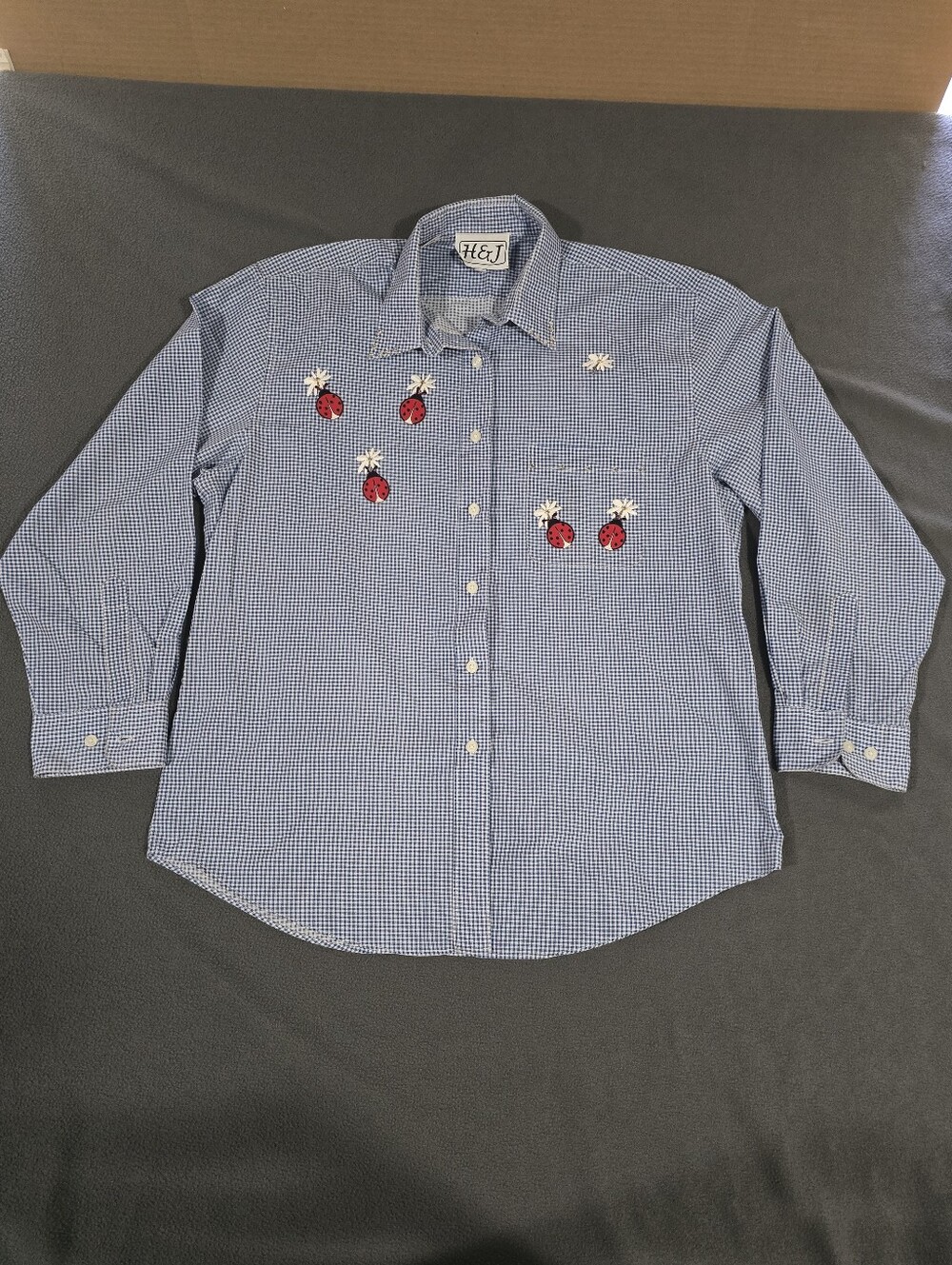 H&J Blue White Check LongSleeve ButtonUp Embroidered Ladybug Daisy Relaxed Fit L